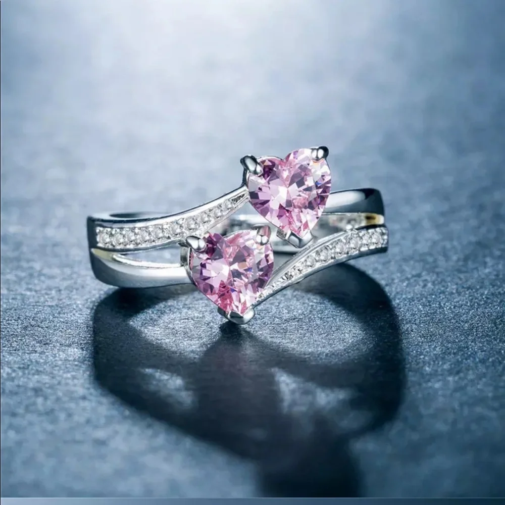 New 925 Silver Two Romantic Hearts Shape Sapphire Ring - Picture 2 of 5